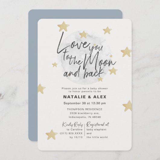 ラブユームーン&バックボーイベビーシャワー招待状 招待状 (正面/裏面)