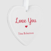 ラブユー赤いハートパーソナライズされた白 オーナメント (正面)