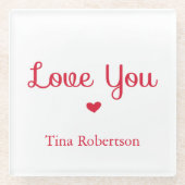 ラブユー赤いハートパーソナライズされた白 ガラスコースター (正面)