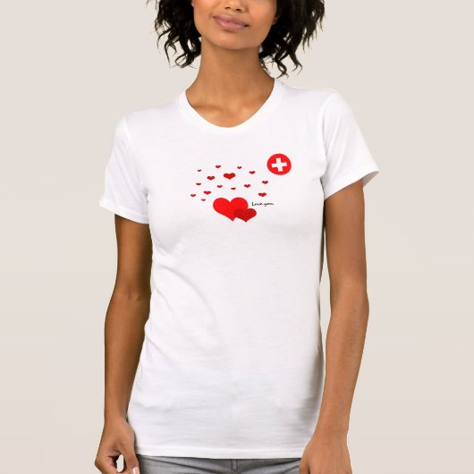 ラブユー，ハート&スイス国旗のファッション/スポーツ Tシャツ (正面)