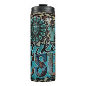 ラブライクイエスパターン（の模様が）あるターコイズ タンブラー (正面)