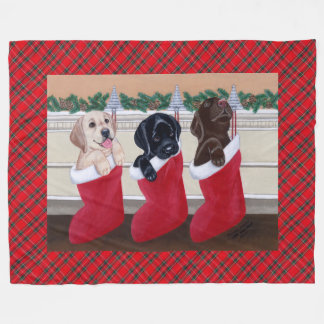 ラブラドル・レトリーバー犬の子犬のクリスマスの絵画 フリースブランケット