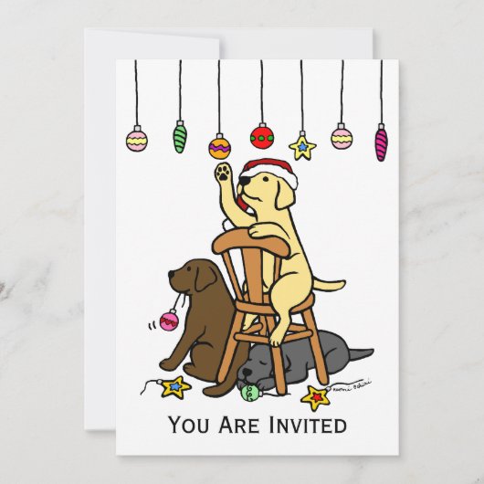 ラブラドールおよびクリスマスオーナメントの漫画 招待状 (正面)