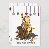 ラブラドールおよびクリスマスオーナメントの漫画 招待状 (正面/裏面)