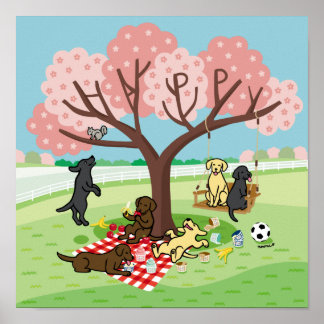 ラブラドールとハッピーさくらんぼブロッサム ポスター