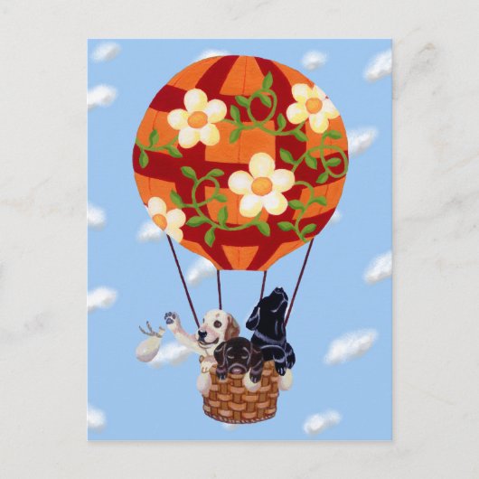 ラブラドールと熱気球絵画の ポストカード (正面)