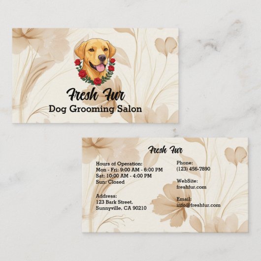 ラブラドールと赤バラ。犬のグルーミングサロン 名刺 (正面/裏面)