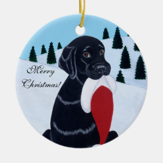 ラブラドールのクリスマスのサンタの黒い帽子 セラミックオーナメント