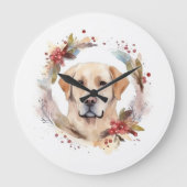 ラブラドールのクリスマスリース festive Pup ラージ壁時計 (正面)