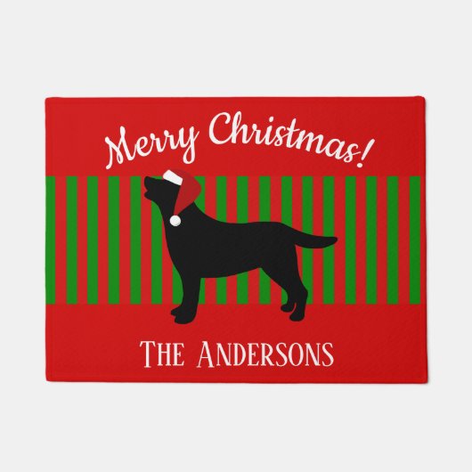 ラブラドールのシルエットのサンタの黒いクリスマス ドアマット (正面)