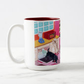 ラブラドールの台所パーティーの絵画 ツートーンマグカップ (左)