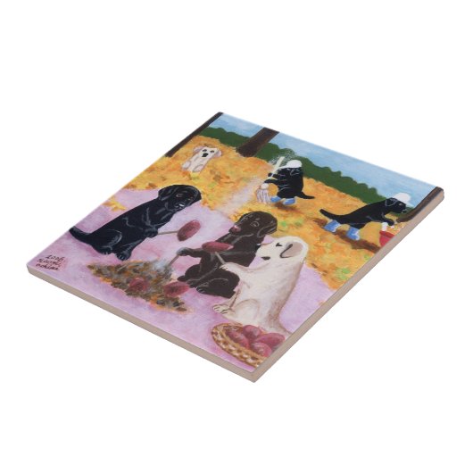 ラブラドールの秋のおもしろいの絵を描くこと タイル (側面)