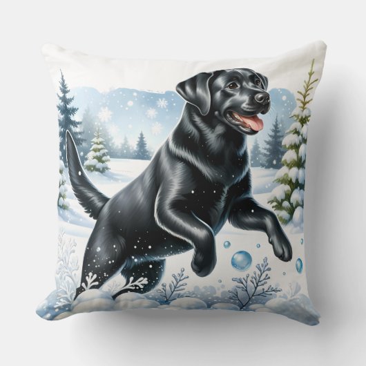 ラブラドールよくはしゃぐリトリエバークリスマススノードッグ クッション (正面)