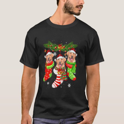 ラブラドールクリスマスソックス木ライトクリスマスサンタ帽子 Tシャツ (正面)