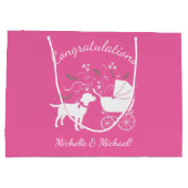 ラブラドールドッグベビーシャワーピンクの女の子ラボ ラージペーパーバッグ (裏面)