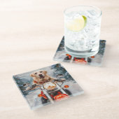 ラブラドールドッグライディングオートバイクリスマス ガラスコースター (アングル)