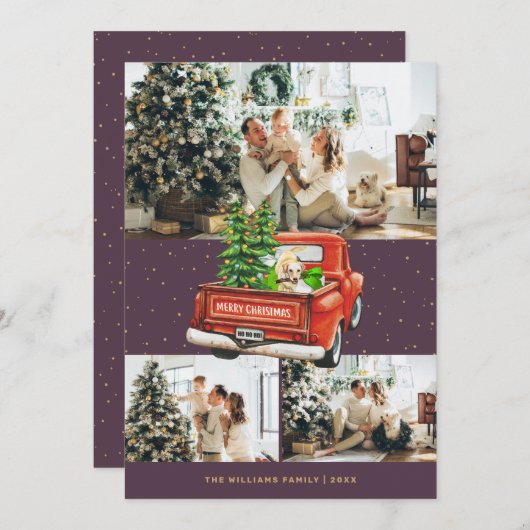 ラブラドールドッグレッドトラックパープルフォトクリスマス シーズンカード (正面/裏面)