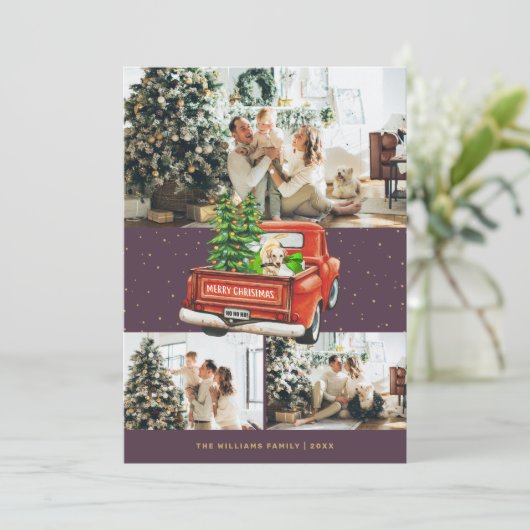 ラブラドールドッグレッドトラックパープルフォトクリスマス シーズンカード (スタンド正面)