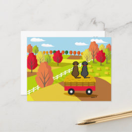 ラブラドールポストカードの干し草カートに2つの秋 ポストカード