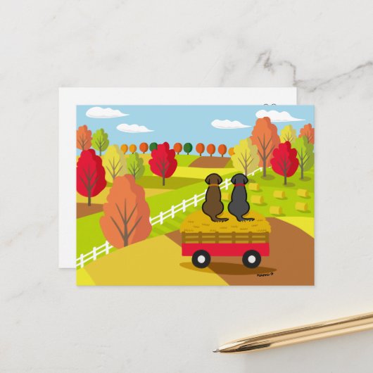 ラブラドールポストカードの干し草カートに2つの秋 ポストカード (正面/裏面インサイチュ)