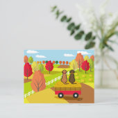 ラブラドールポストカードの干し草カートに2つの秋 ポストカード (スタンド正面)