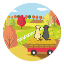 ラブラドールポストカードの干し草カートに2つの秋