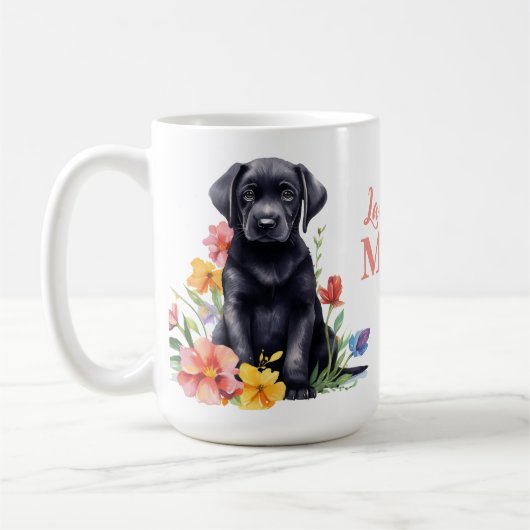 ラブラドールママ犬かわいいモダンフローラ子犬 コーヒーマグカップ (左)