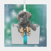 ラブラドールリトリエバーパピーinボックス《写真》ぼけ味クリスマス ガラスオーナメント (正面)