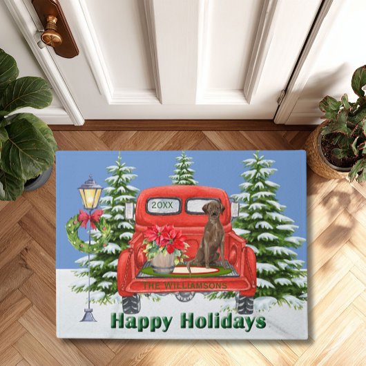 ラブラドールリトリエバーレッドヴィンテージトラックファミリー名 ドアマット