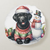 ラブラドールレトリエバードッグホリデー雪だるまパピー ラウンドクッション (正面)