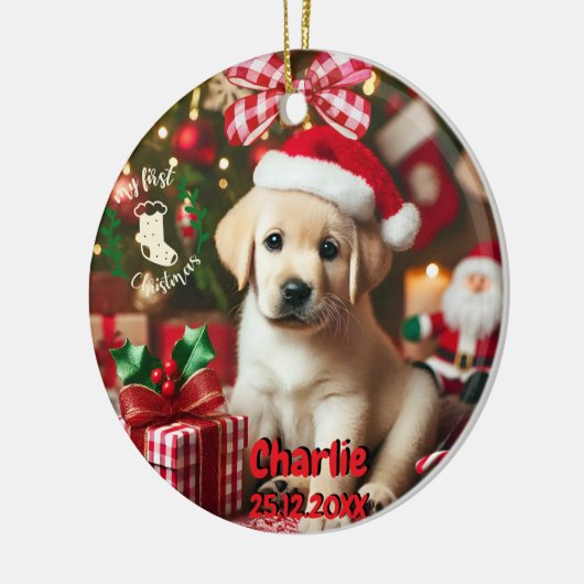 ラブラドールレトリエバーパピーミー初めてのクリスマス セラミックオーナメント (左)