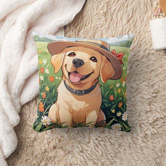 ラブラドールレトリバー花フィールド クッション (ブランケット)