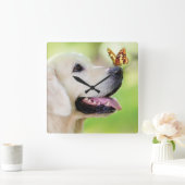 ラブラドール及びバタフライ装飾用クッション スクエア壁時計 (ホーム)