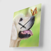 ラブラドール及びバタフライ装飾用クッション スクエア壁時計 (傾斜)
