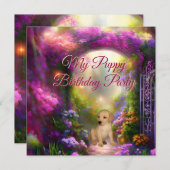 ラブラドール子犬の誕生日パーティシークレットガーデン 招待状 (正面/裏面)