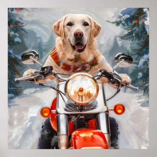 ラブラドール犬がバイクに乗るクリスマス ポスター (正面)