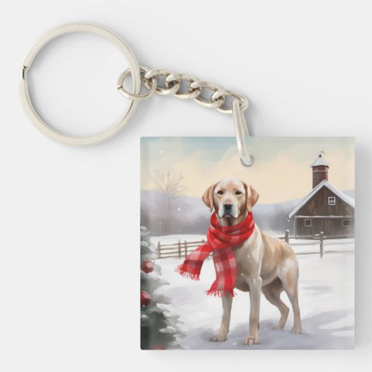 ラブラドール犬と雪のクリスマス キーホルダー (正面)