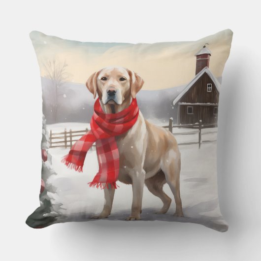 ラブラドール犬と雪のクリスマス クッション (正面)