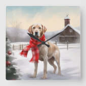 ラブラドール犬と雪のクリスマス スクエア壁時計 (正面)