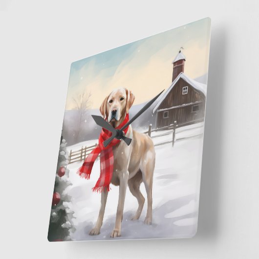 ラブラドール犬と雪のクリスマス スクエア壁時計 (傾斜)