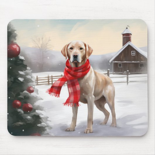 ラブラドール犬と雪のクリスマス マウスパッド (正面)