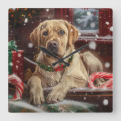 ラブラドール犬のクリスマス スクエア壁時計 (正面)
