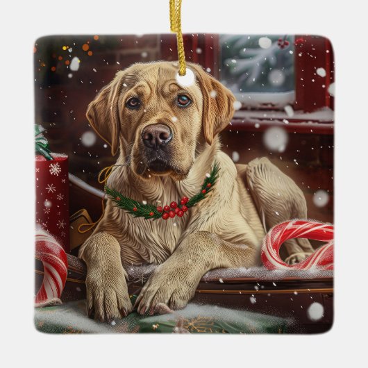 ラブラドール犬のクリスマス セラミックオーナメント (正面)