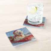 ラブラドール犬のソリで雪のクリスマス ガラスコースター (アングル)