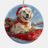 ラブラドール犬のソリで雪のクリスマス セラミックオーナメント (裏面)