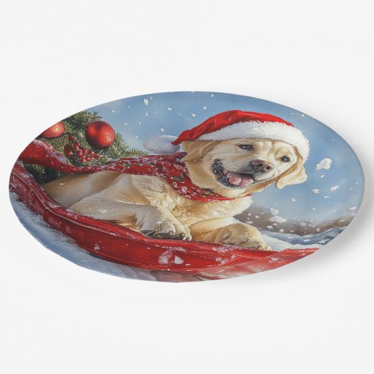 ラブラドール犬のソリで雪のクリスマス ペーパープレート (アングル)