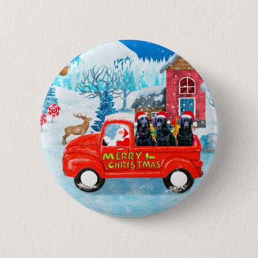ラブラドール犬 クリスマス 配送トラック 雪 缶バッジ (正面)