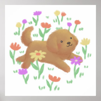 ラブラドール花イラストレーション ポスター