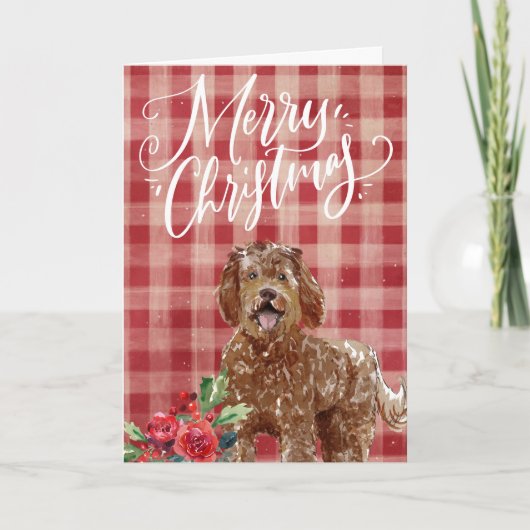ラブラドール赤い格子模様のクリスマス シーズンカード (正面)