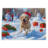 ラブラドール走ドッグの雪とクリスマスハット ラージペーパーバッグ (正面)
